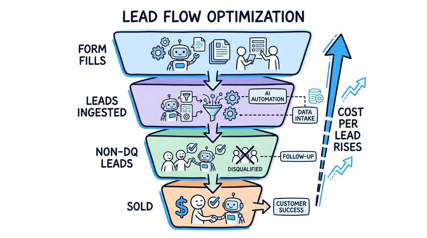ad attribution for lead generation shown through a four-layer funnel from form fills down to sold leads