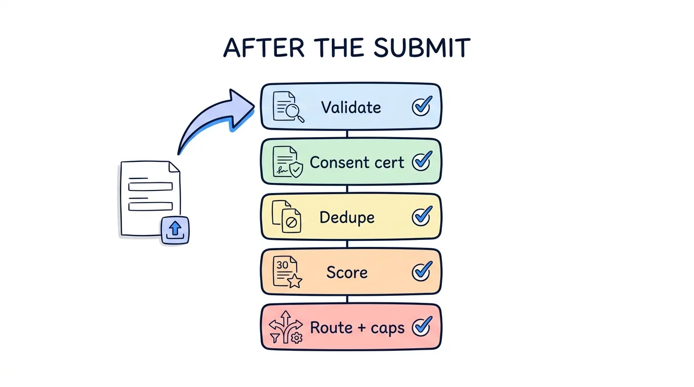 lead generation form builder checklist shown through five checks a pay-per-lead form runs after the submit