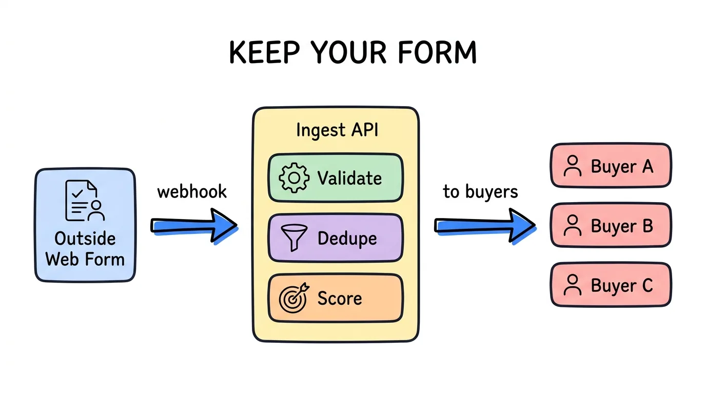 lead generation form builder connected through a webhook to an ingest API that validates, dedupes, scores, and routes leads to buyers