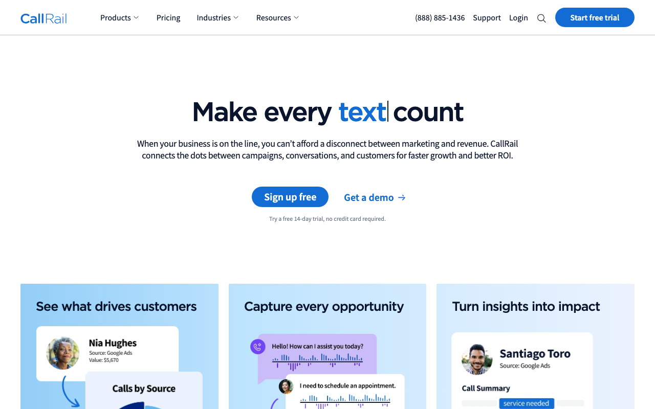 CallRail homepage, call tracking and analytics for small businesses