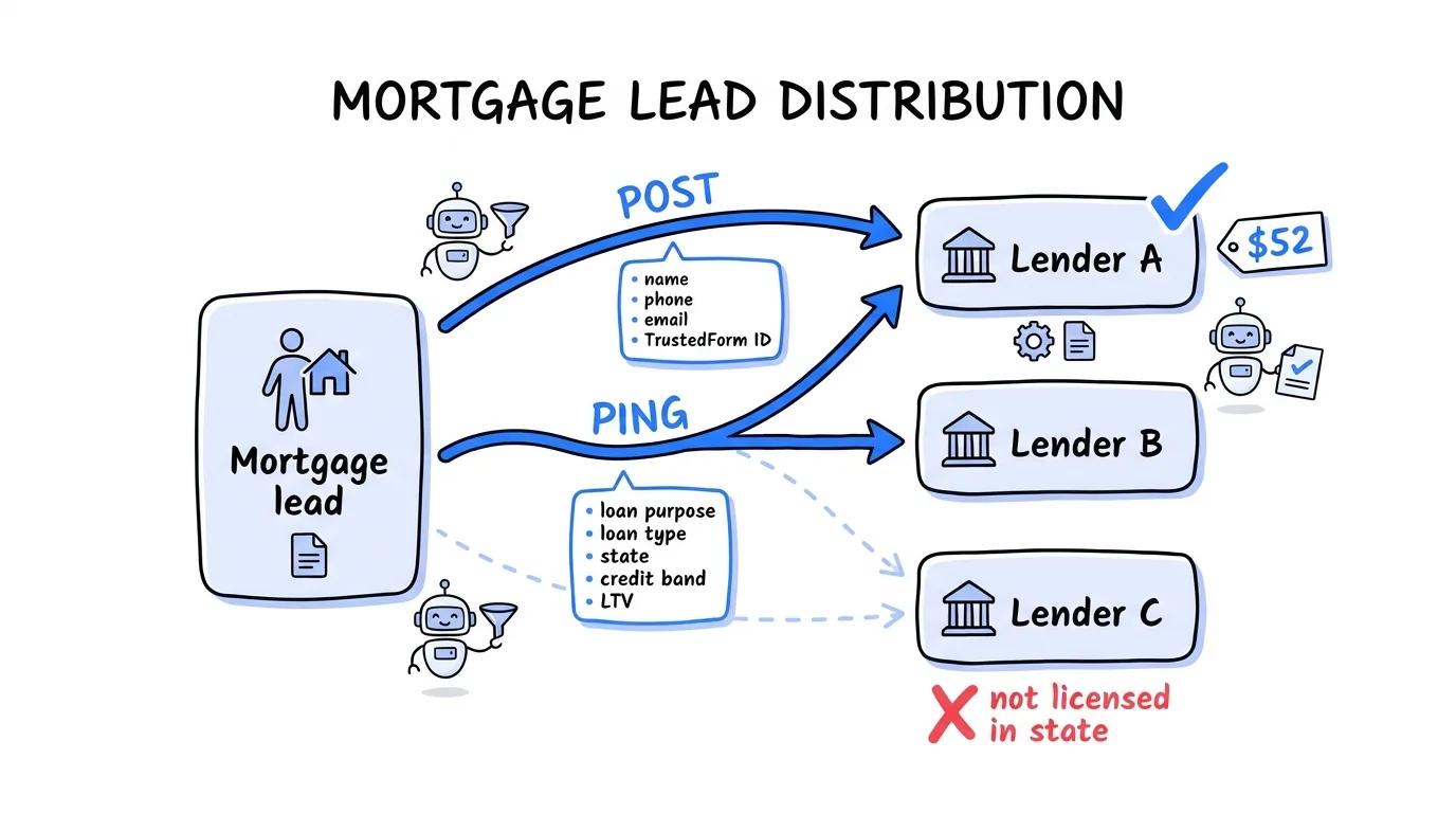 Diagram of a mortgage ping post auction showing the ping with loan fields going to licensed lenders and the post with contact details going only to the winning lender