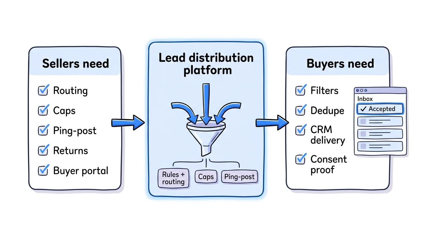 Software for lead buyers and sellers shown through a two-column checklist of seller needs and buyer needs meeting in one platform