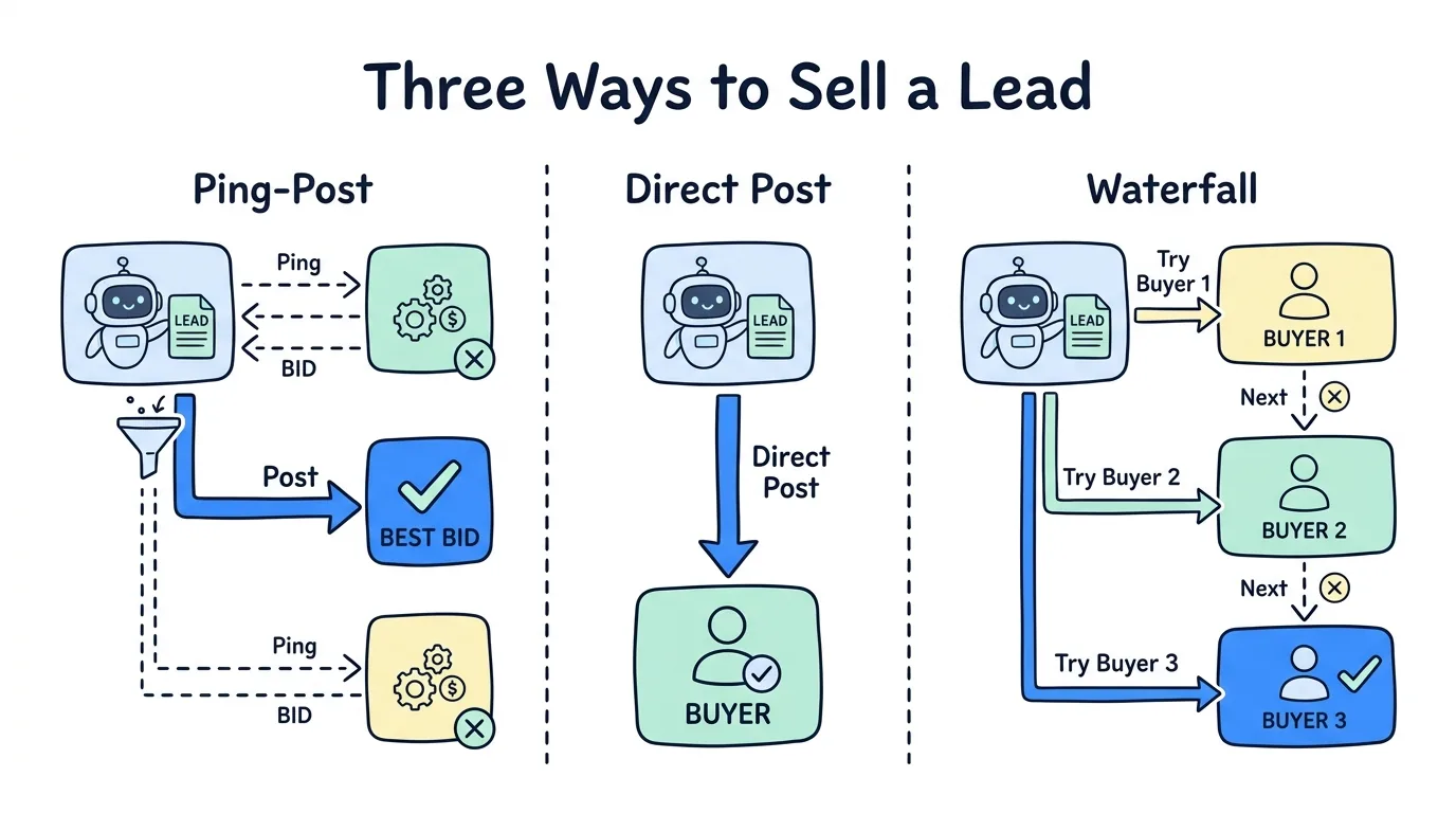ping post bid request compared with direct post and waterfall lead distribution in three side by side columns