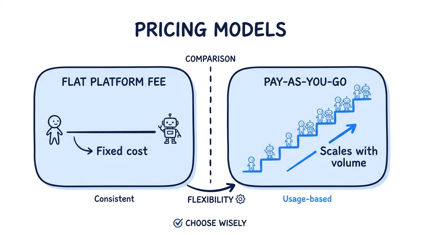 A simple hand-drawn navy and electric-blue (#3b82f6) napkin diagram comparing two pricing shapes