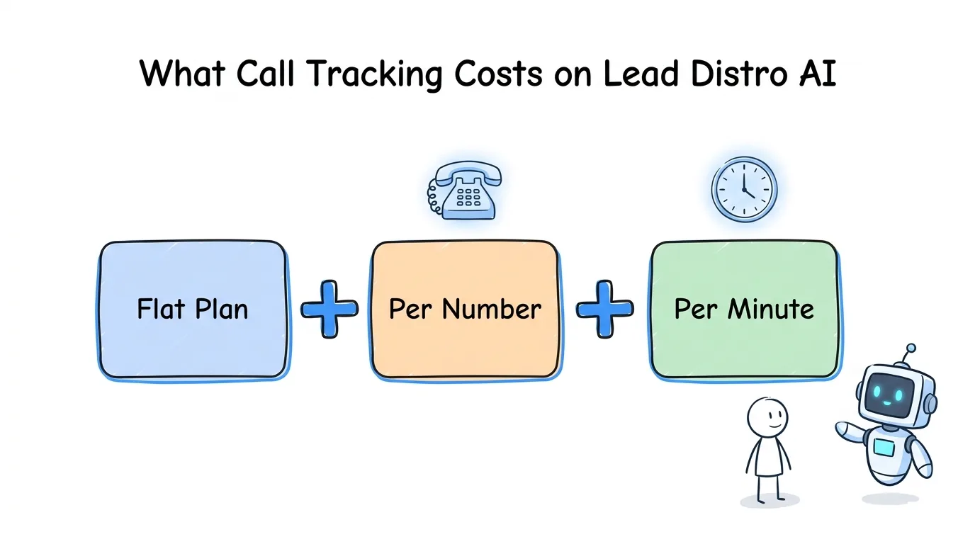 call tracking pricing on Lead Distro AI shown as a flat plan plus a per-number fee plus a per-minute rate