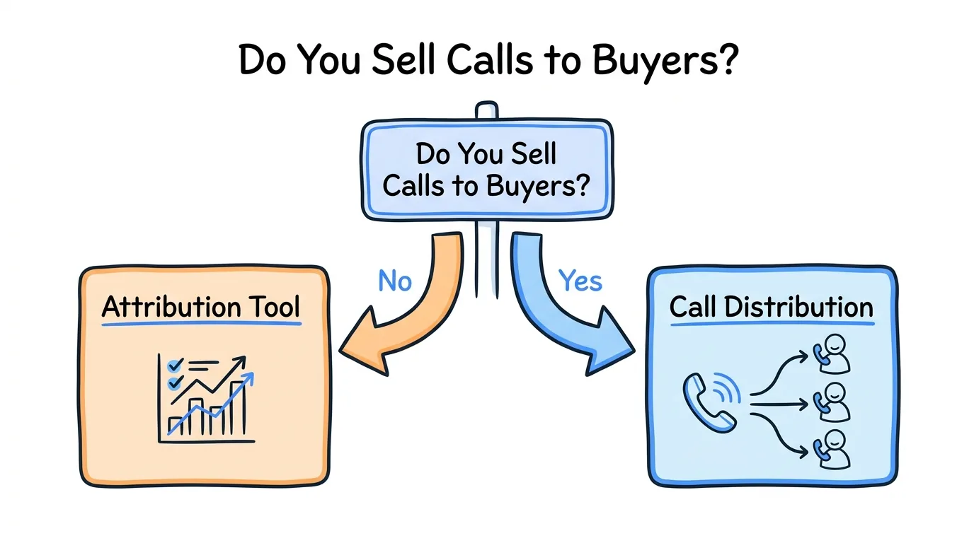 CallRail alternatives decision diagram showing attribution tools for marketers and call distribution for agencies that sell calls to buyers