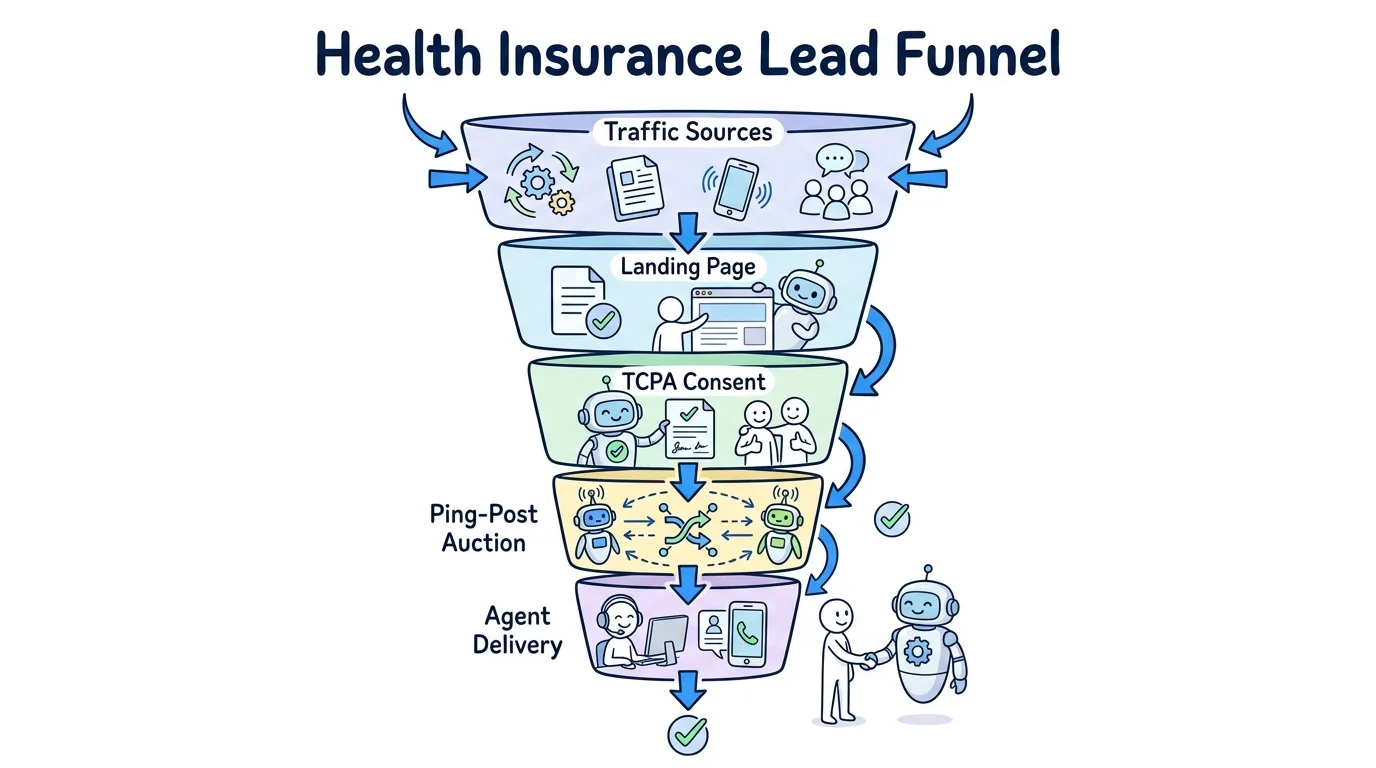 health insurance lead generation funnel from traffic sources through consent and ping post to agent delivery