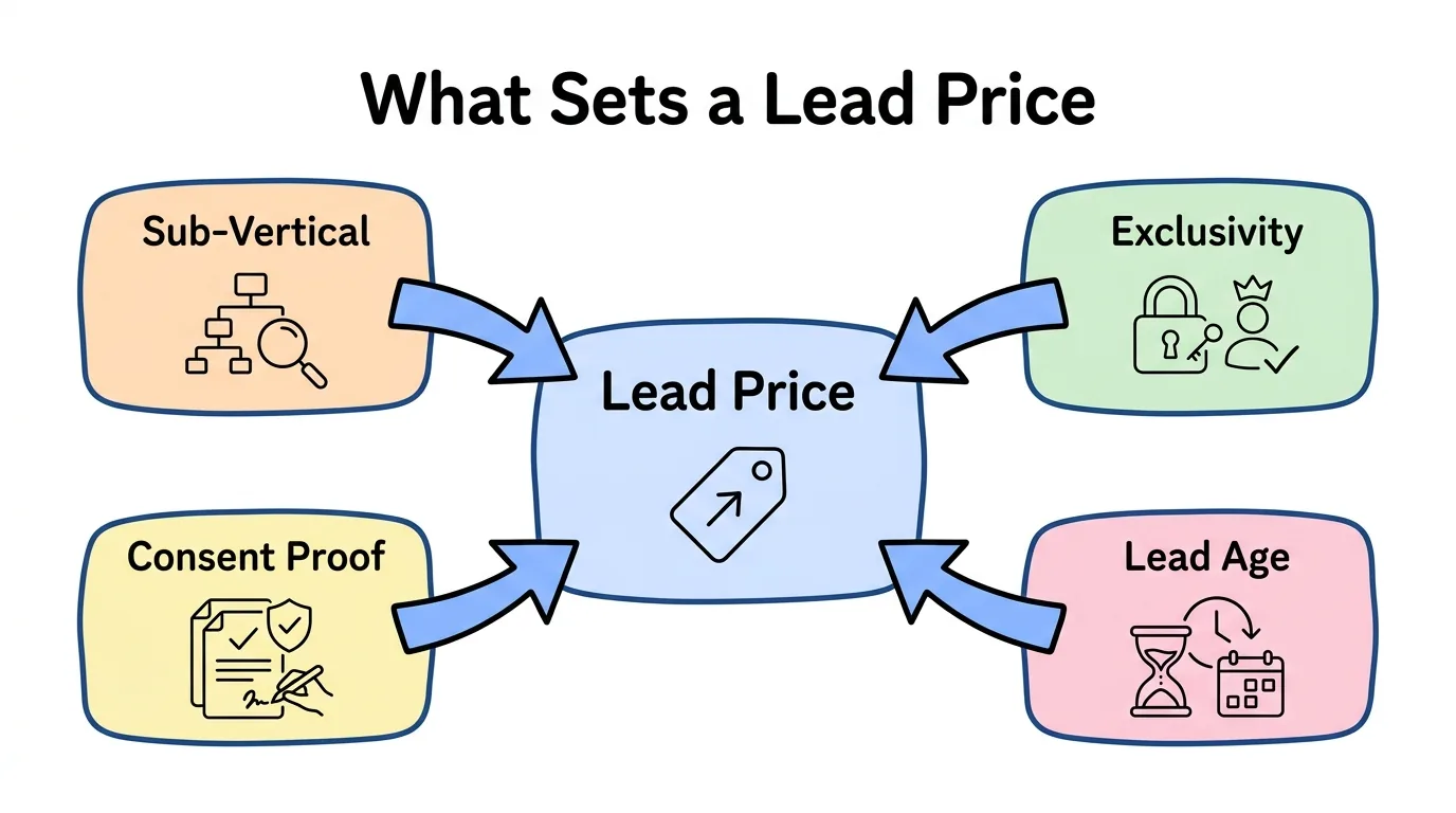 health insurance lead generation pricing factors shown as sub-vertical, exclusivity, consent proof, and lead age