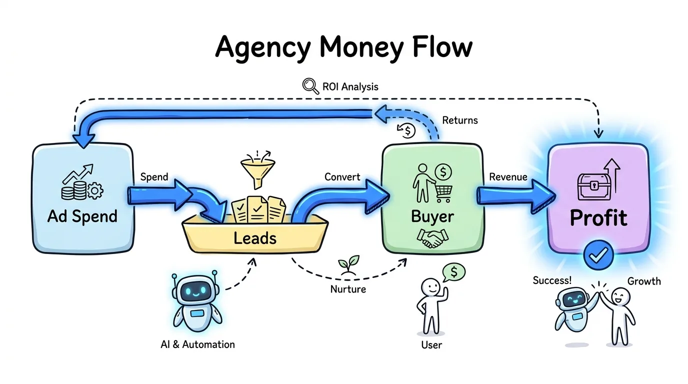 Pay per lead agency money flow from ad spend to lead sale, returns, and profit shown in a napkin diagram
