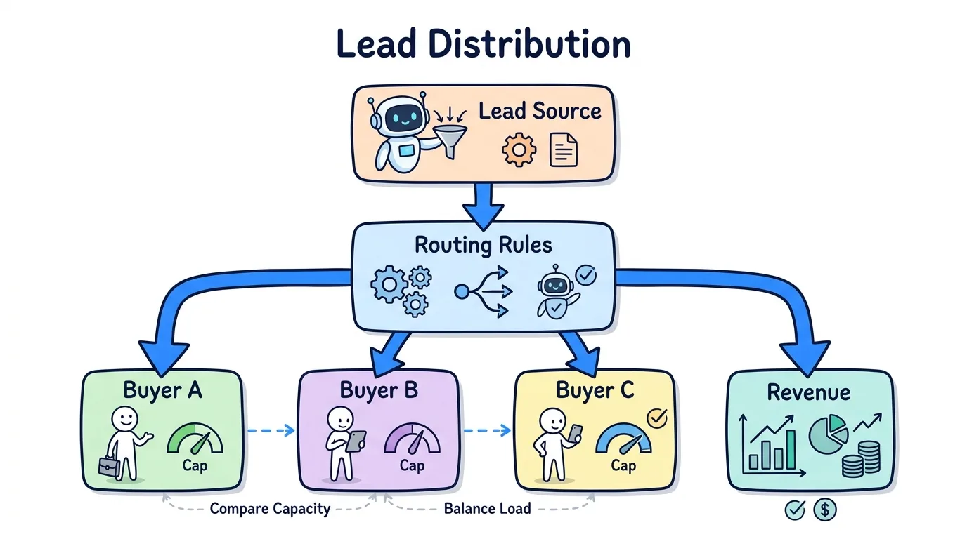 Pay per lead agency distribution setup from lead source to routing rules, buyer caps, and revenue reporting shown in a napkin diagram