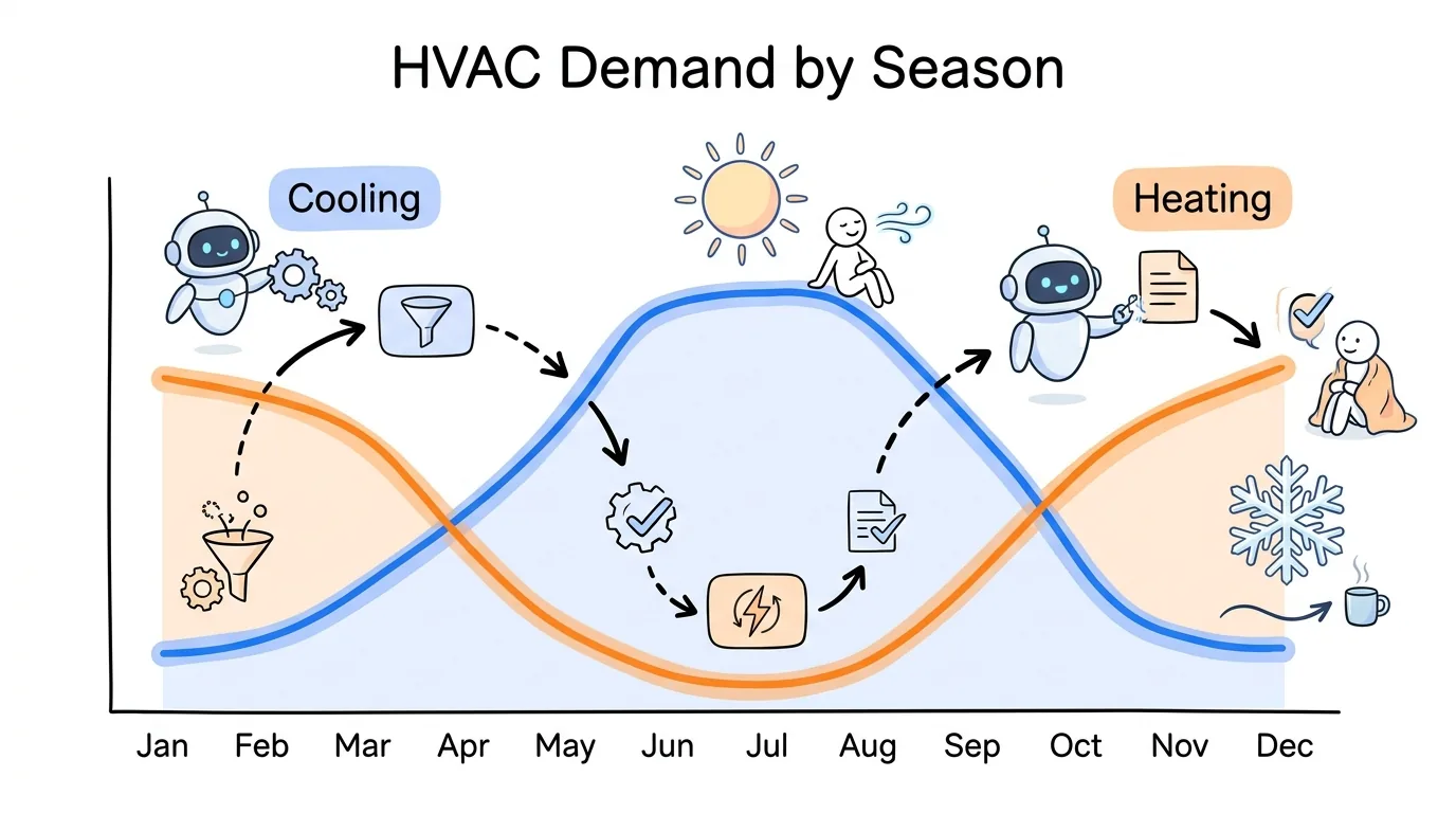 HVAC lead generation seasonal demand chart with cooling leads peaking in summer and heating leads peaking in winter