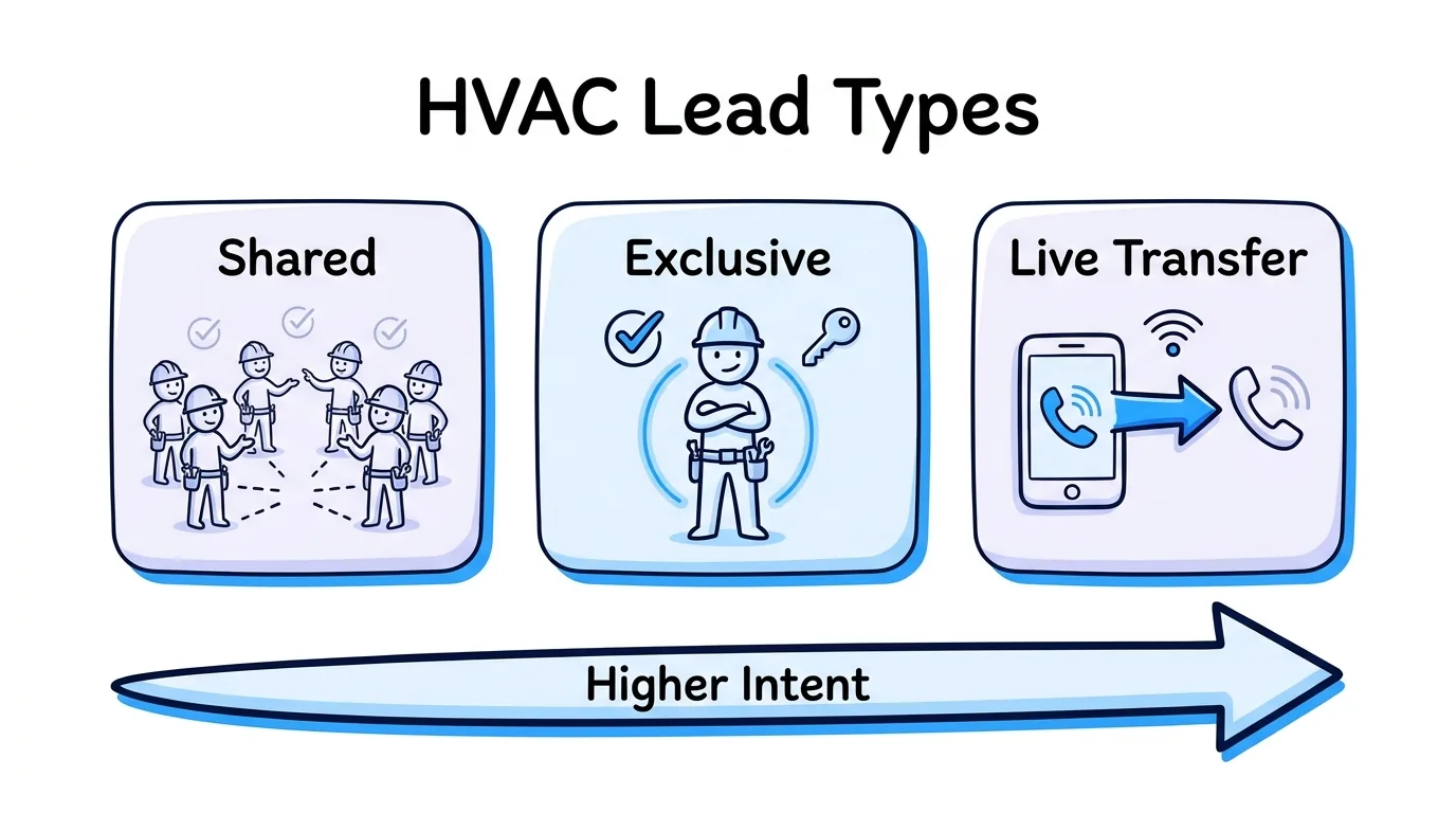 HVAC lead generation lead types compared as shared, exclusive, and live transfer with intent rising left to right