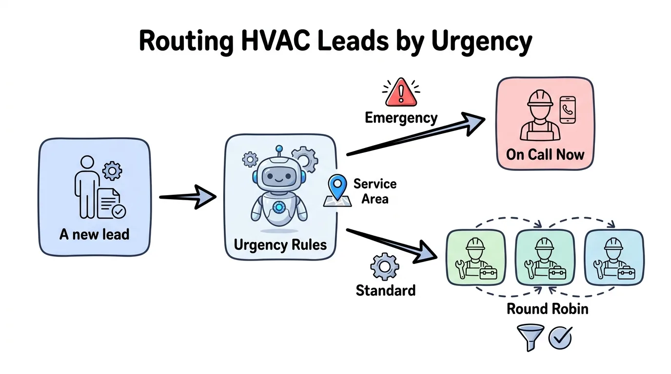 HVAC lead generation routing that sends emergency leads to an on-call contractor and standard leads round robin by service area
