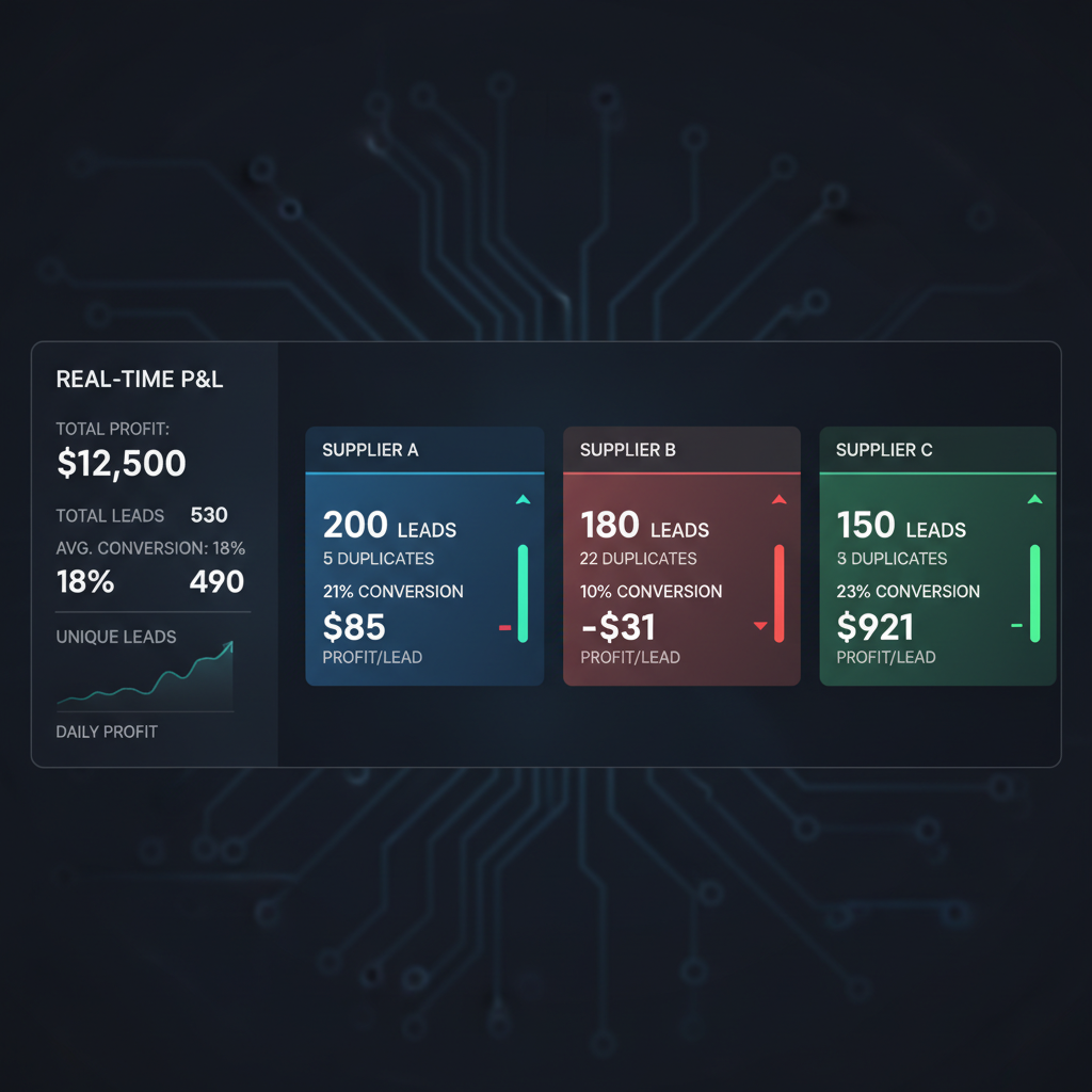 Lead distribution software dashboard showing supplier profitability comparison for lead brokers