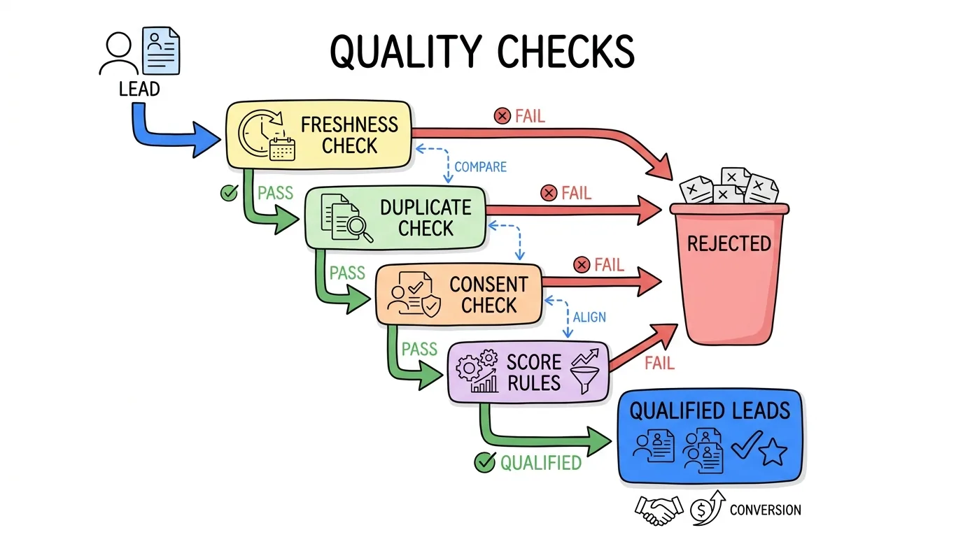lead quality checkpoints shown as freshness, duplicate, consent and scoring gates at intake