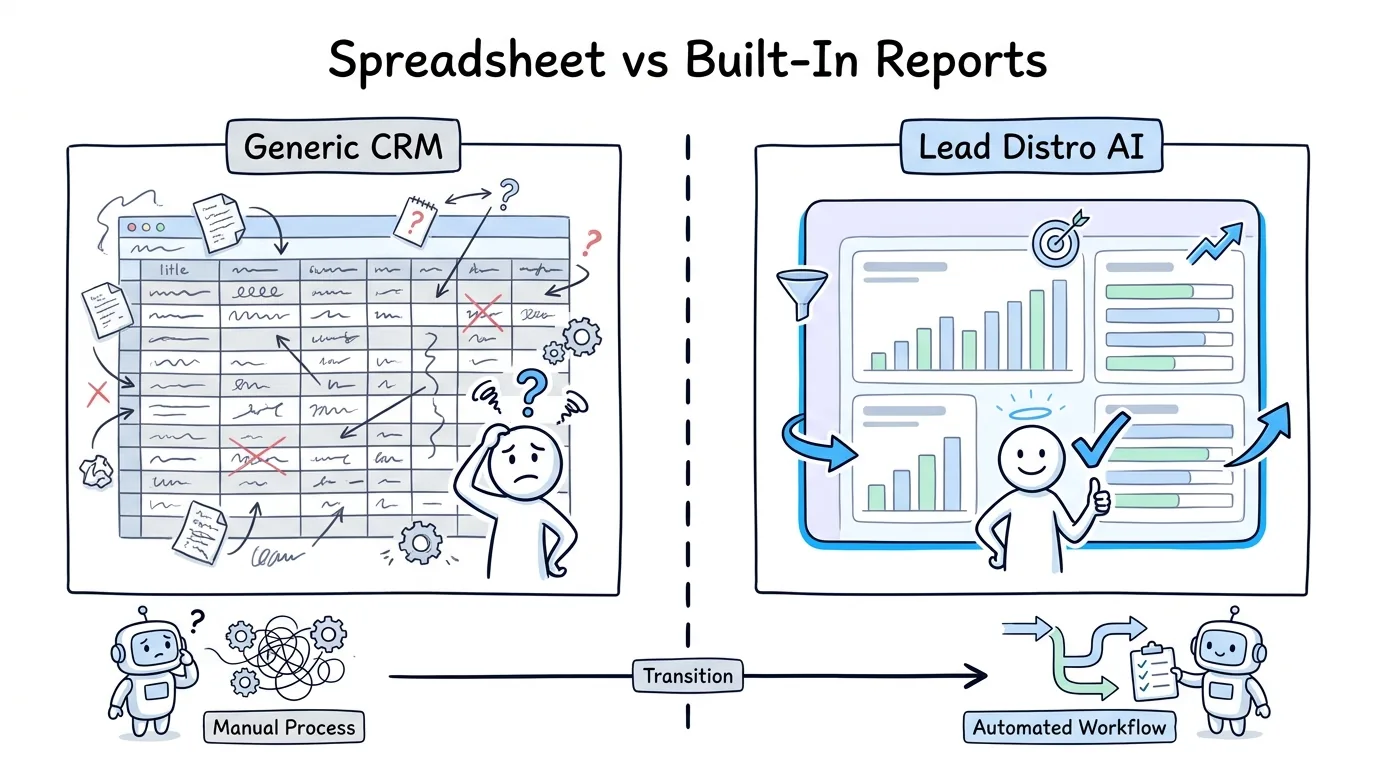 lead reporting software comparison of a messy generic CRM spreadsheet and a clean purpose-built lead distribution report