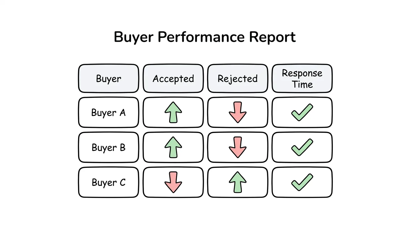 lead reporting software buyer performance table comparing acceptance, rejection, and response time by buyer
