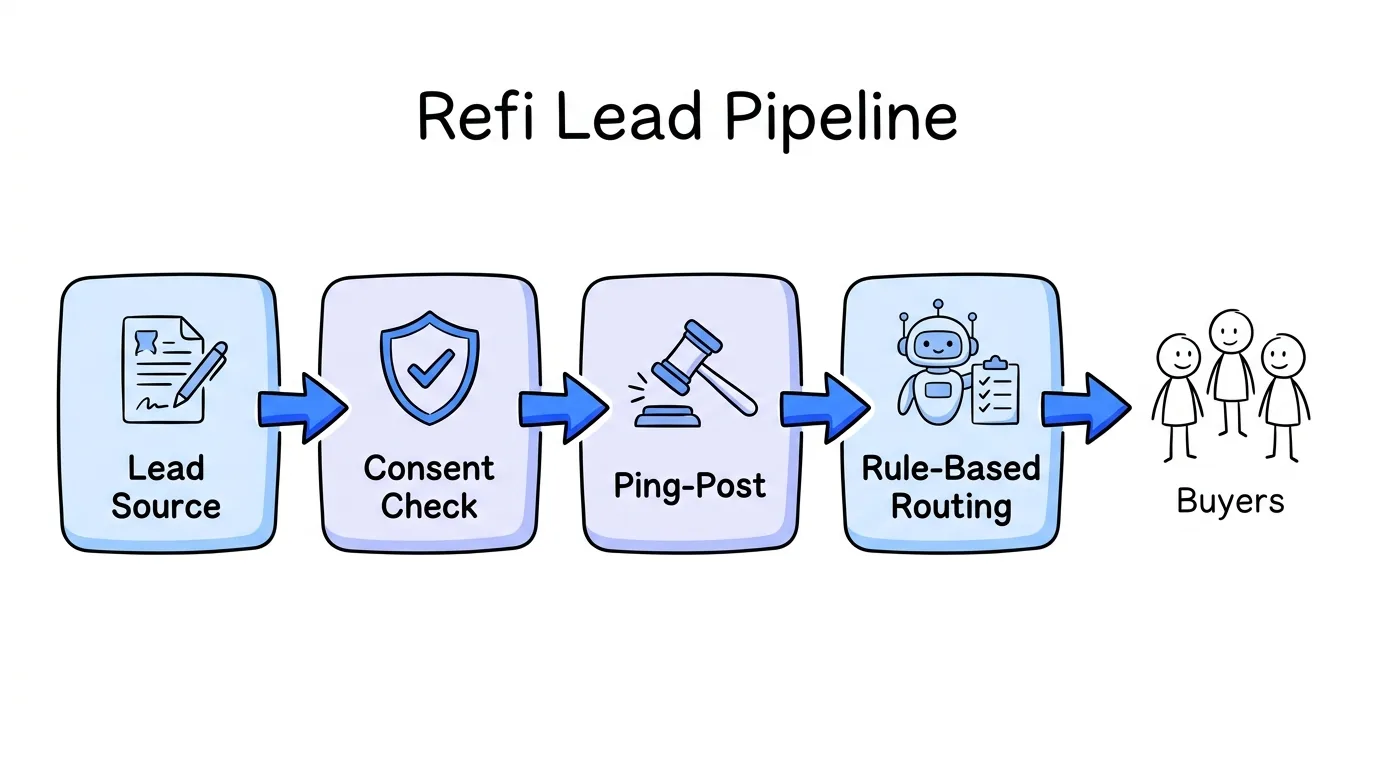 mortgage refinance leads pipeline from lead source through consent check and ping post to rule-based routing to buyers
