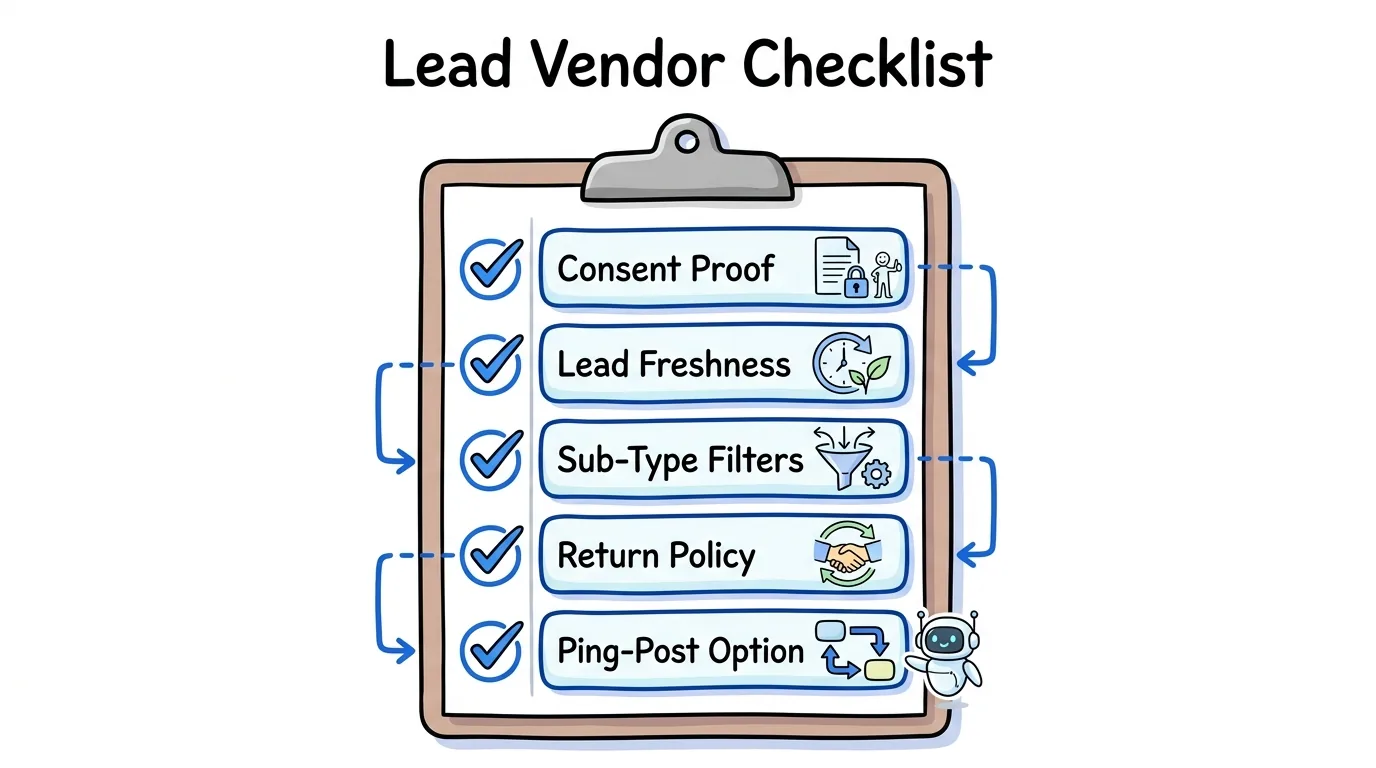 mortgage refinance leads vendor checklist covering consent proof, freshness, sub-type filters, return policy, and ping post