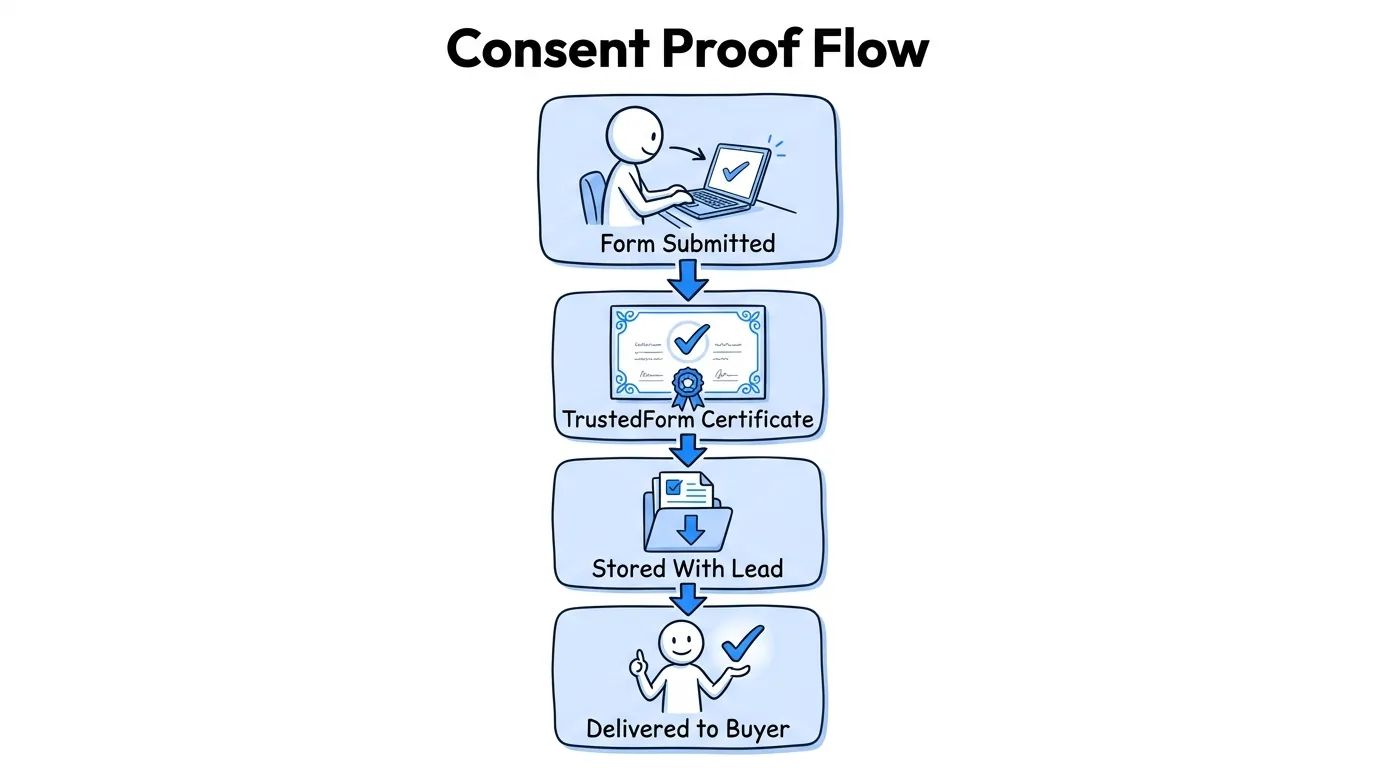 mortgage refinance leads consent proof flow from form submission to TrustedForm certificate stored with the lead and delivered to a buyer