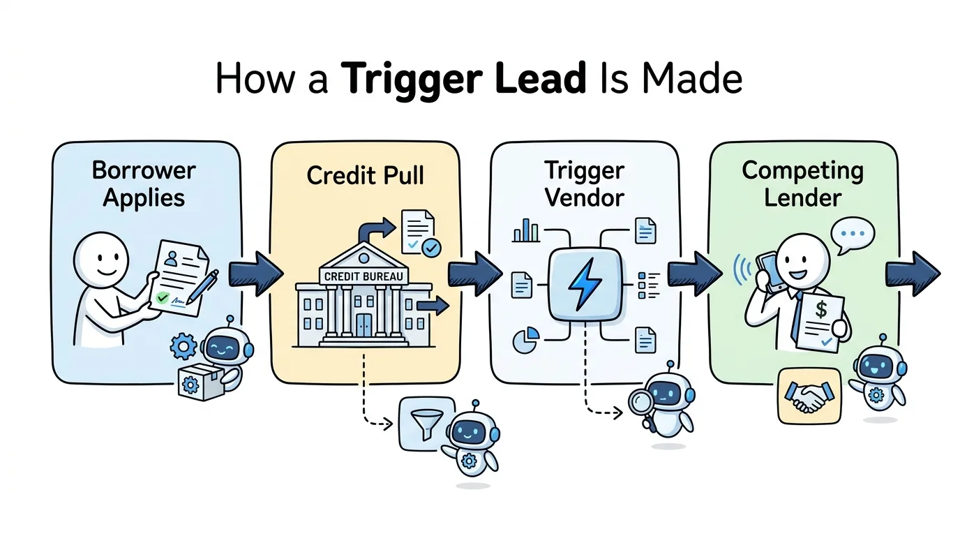 mortgage trigger leads pipeline from a borrower application to a credit pull, a trigger vendor, and a competing lender