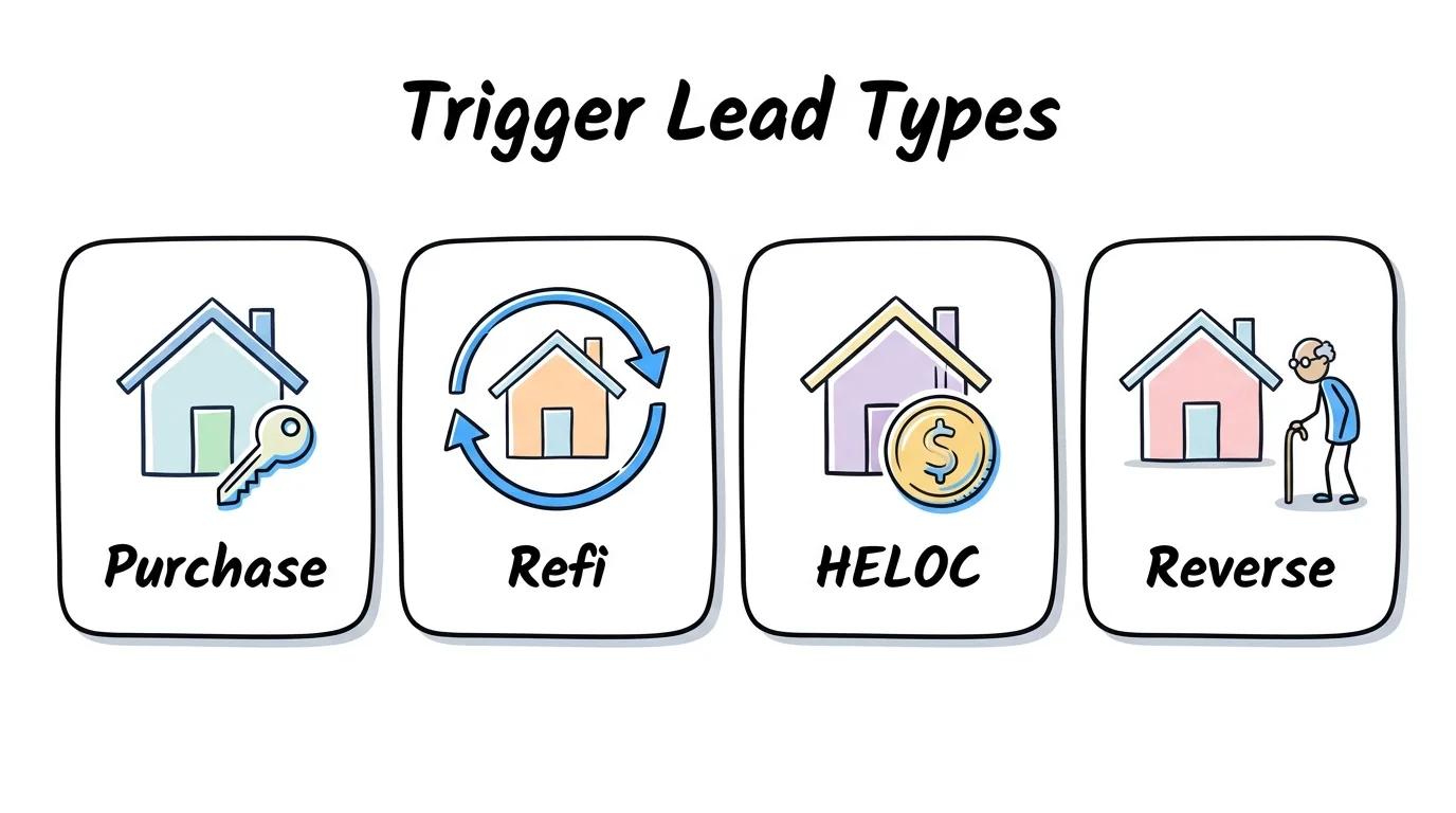 mortgage trigger leads types shown as purchase, refinance, HELOC, and reverse mortgage