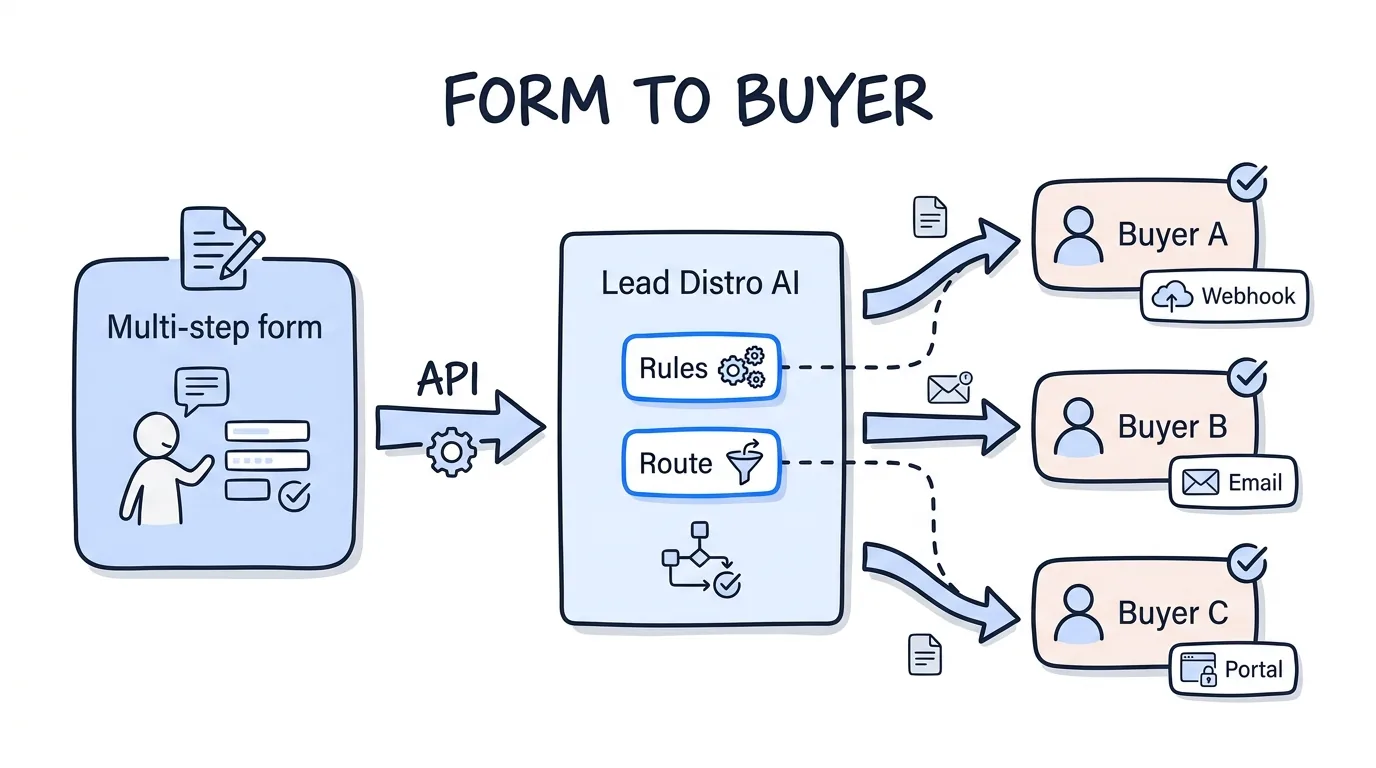 multi step form lead generation flow from form submission through the Lead Distro AI API to three buyers