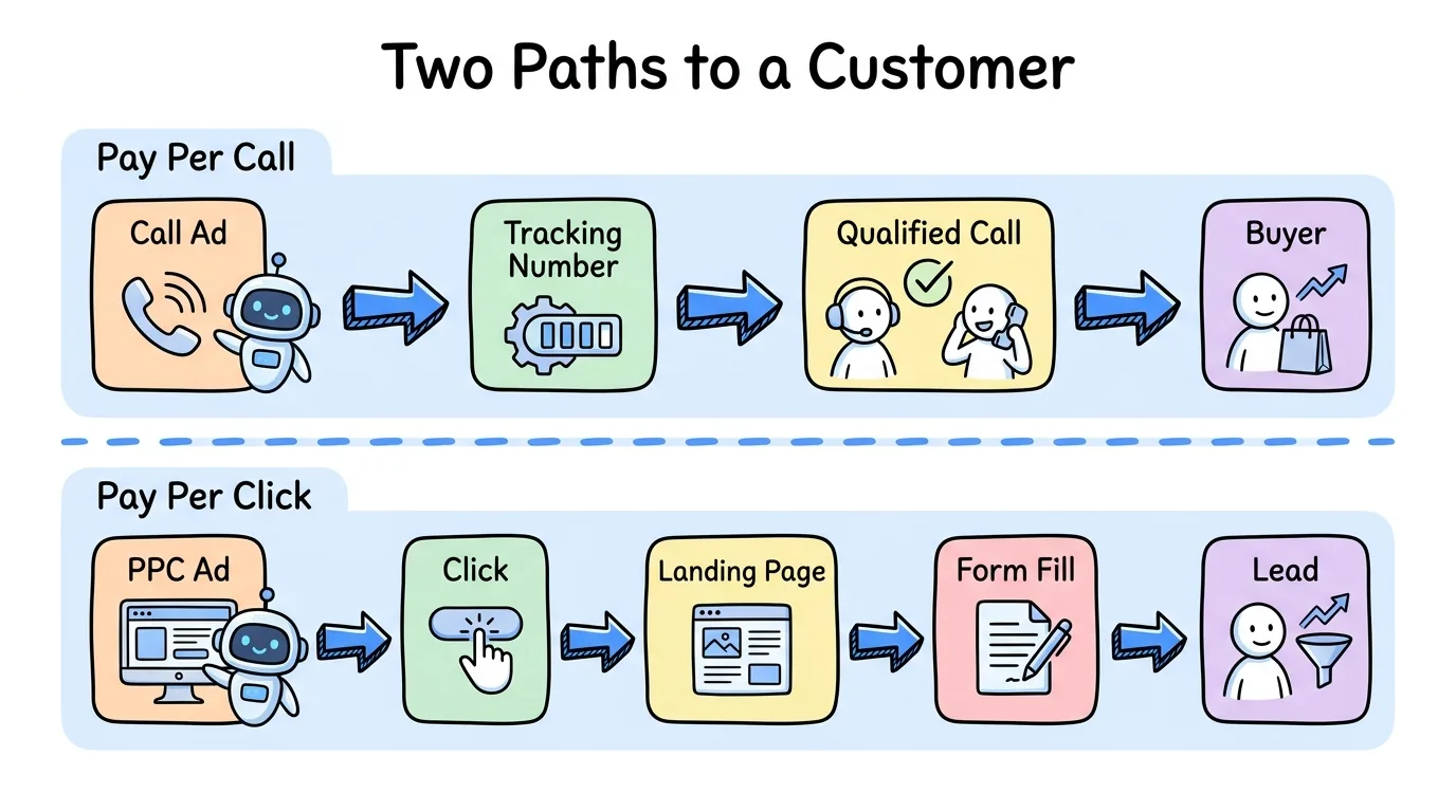 pay per call vs pay per click flows from call ad to qualified call compared with click to landing page to form fill