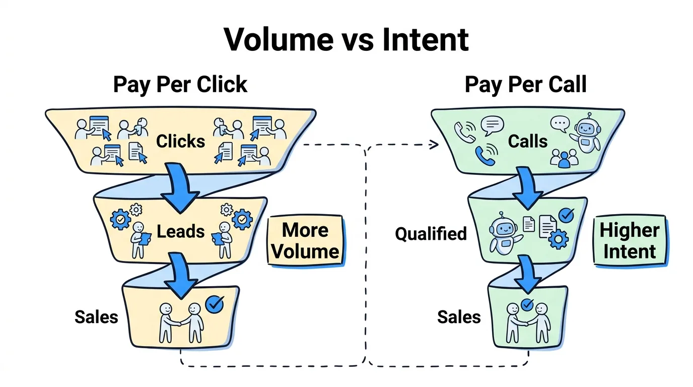 pay per call vs pay per click funnels showing more volume from clicks and higher intent from calls