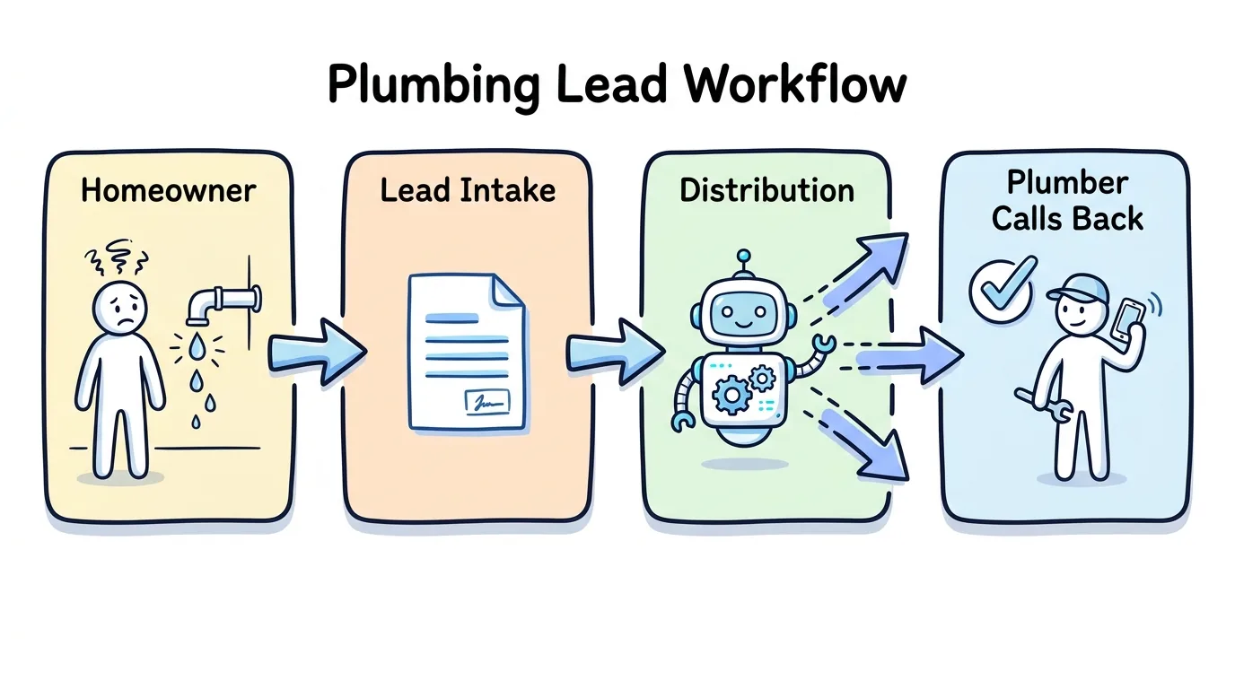 plumbing lead generation workflow from homeowner to lead intake, distribution, and a plumber calling back