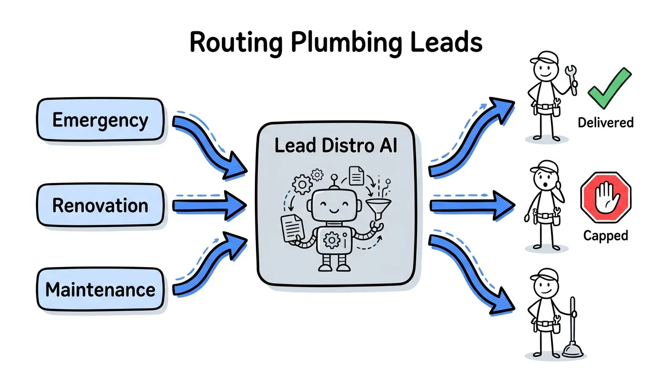 plumbing lead generation routing of emergency, renovation, and maintenance leads to plumbers with delivery caps