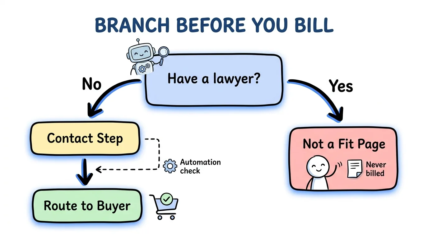 quiz funnel branching logic showing qualified visitors routed to a buyer and wrong-fit visitors sent to a not-a-fit page
