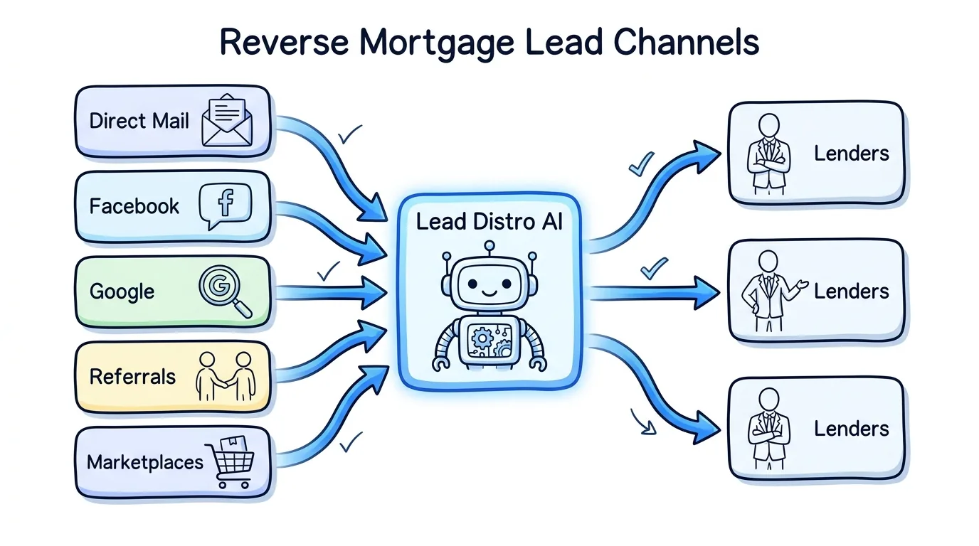 reverse mortgage lead generation channels including direct mail, Facebook, Google, referrals, and marketplaces routed to lenders