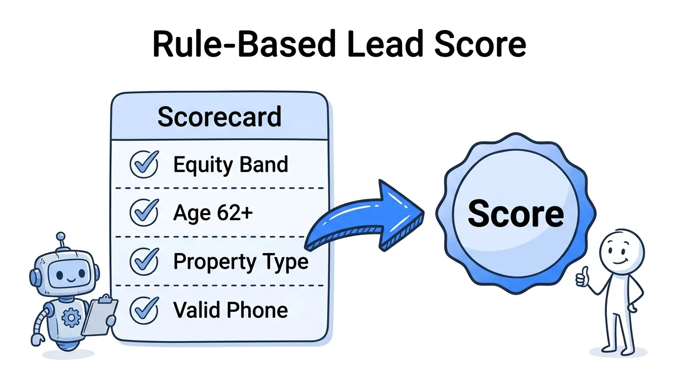 reverse mortgage lead generation rule-based scorecard checking equity band, age, property type, and phone