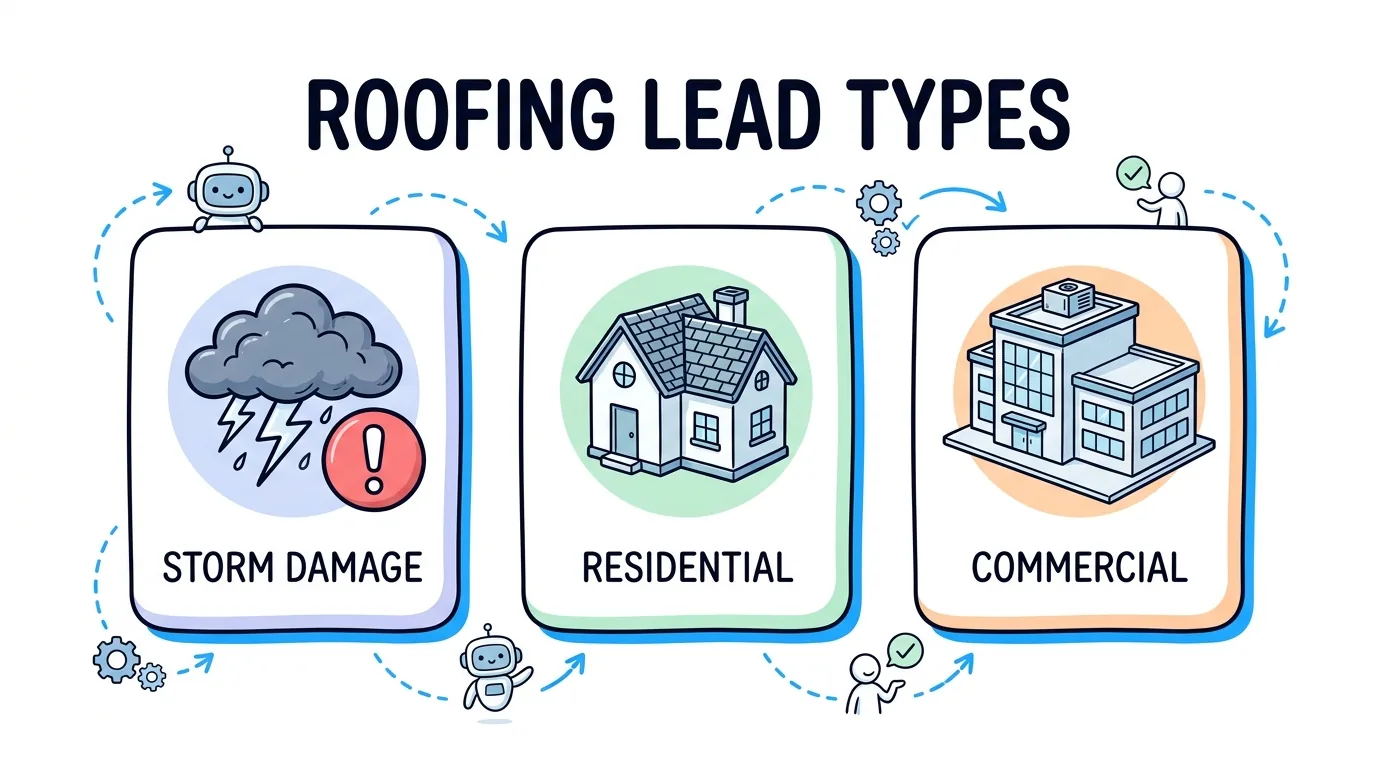 roofing leads for contractors shown as storm damage, residential, and commercial lead types