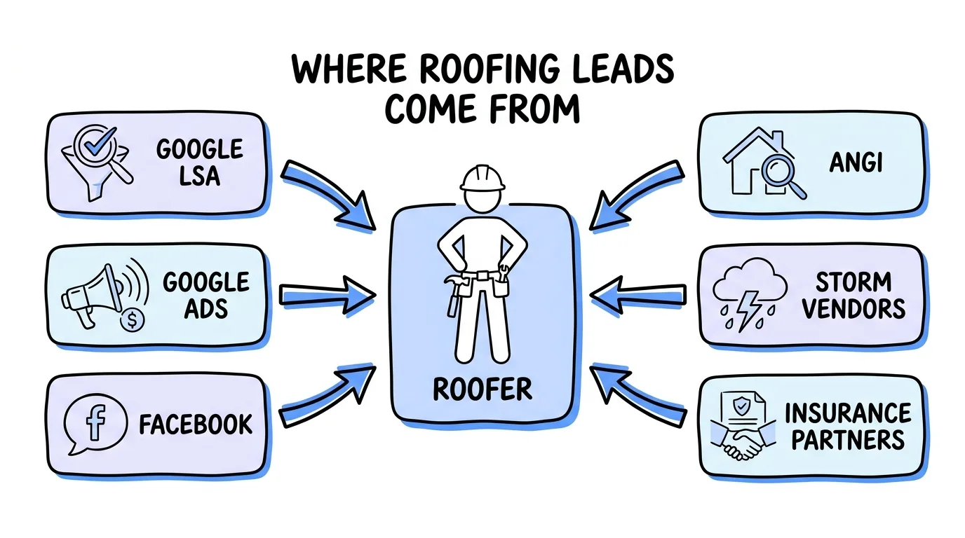 roofing leads for contractors sources including Google LSA, Google Ads, Facebook, Angi, storm vendors, and insurance partners