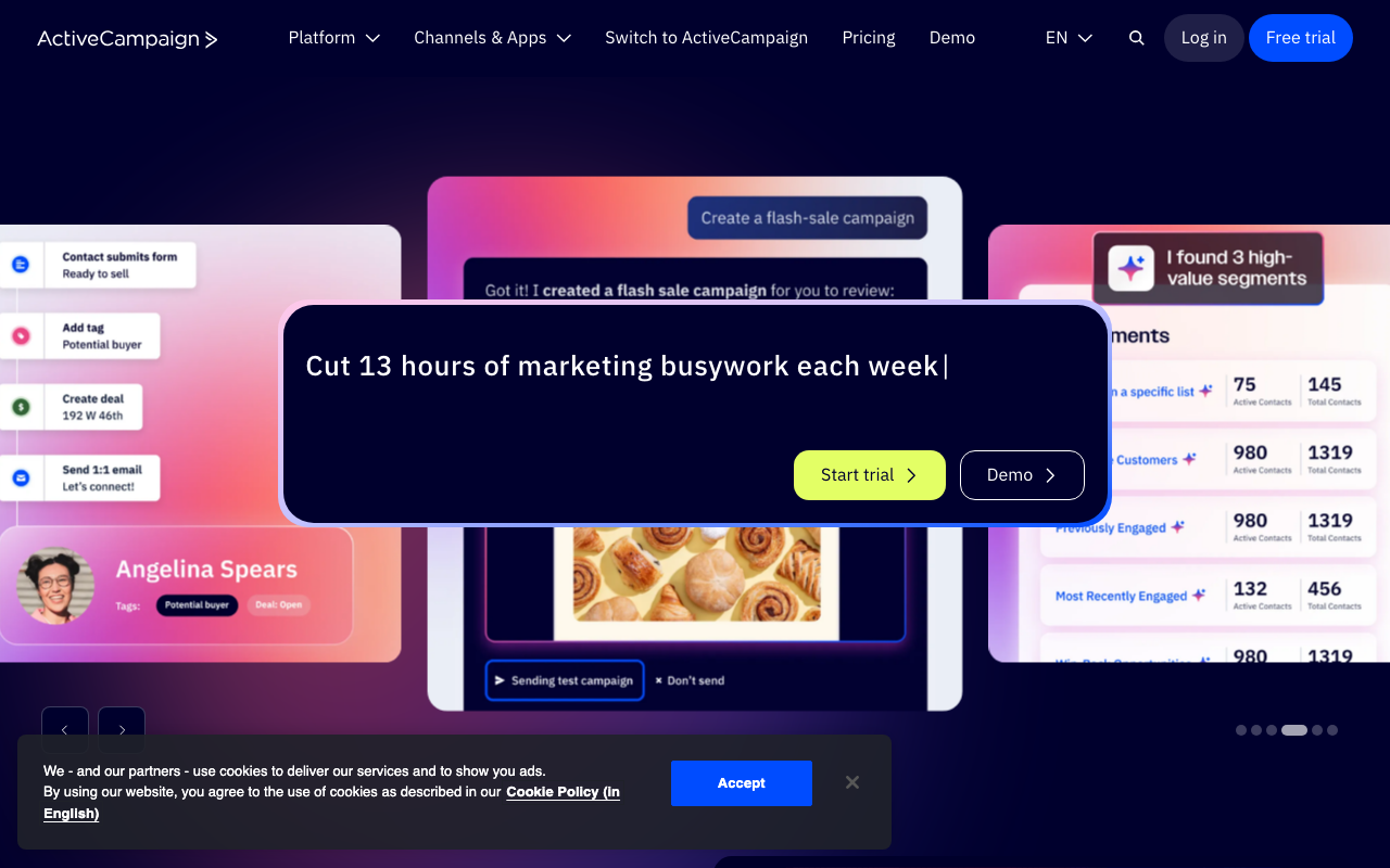 ActiveCampaign homepage, email marketing and automation platform