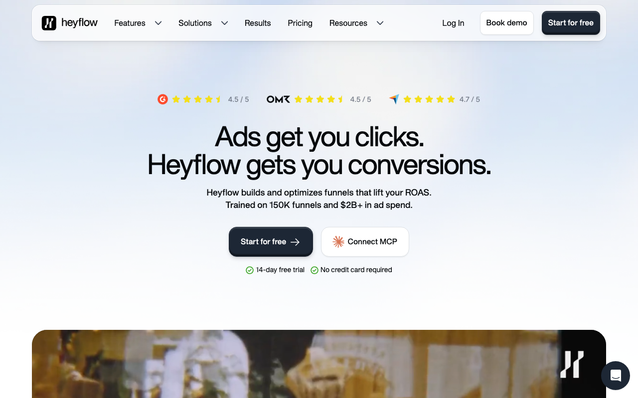 Heyflow homepage, no-code funnel builder