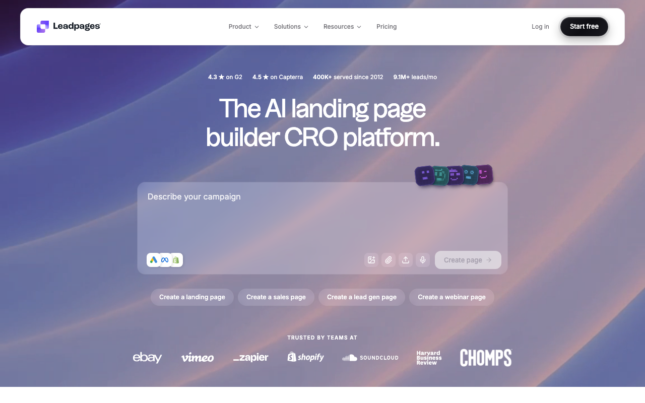 Leadpages homepage, AI landing page builder