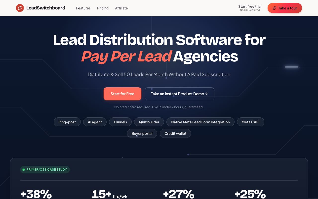 LeadSwitchboard homepage, lead distribution for pay-per-lead agencies