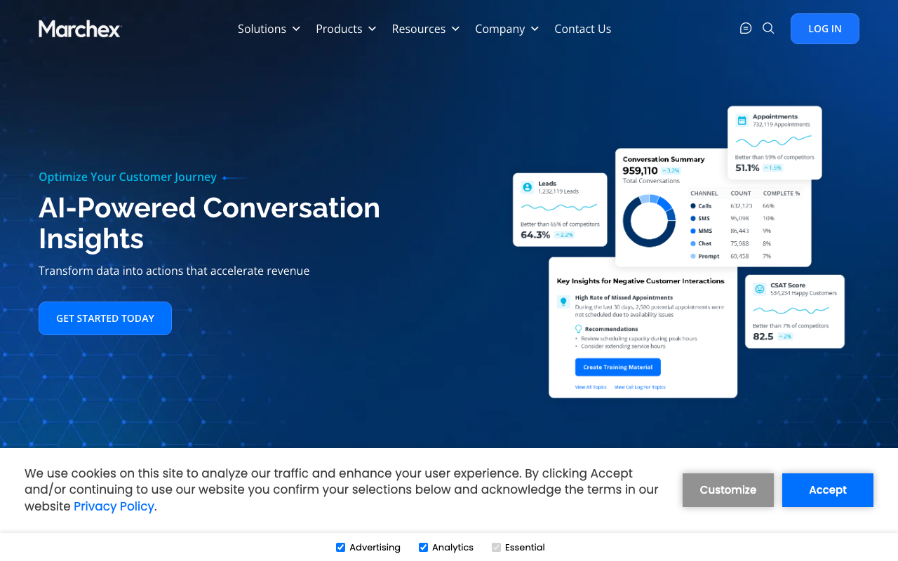 Marchex homepage, conversational analytics platform