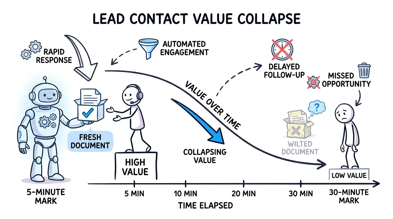 speed to lead shown through a decay curve where contact value collapses sharply after the first five minutes