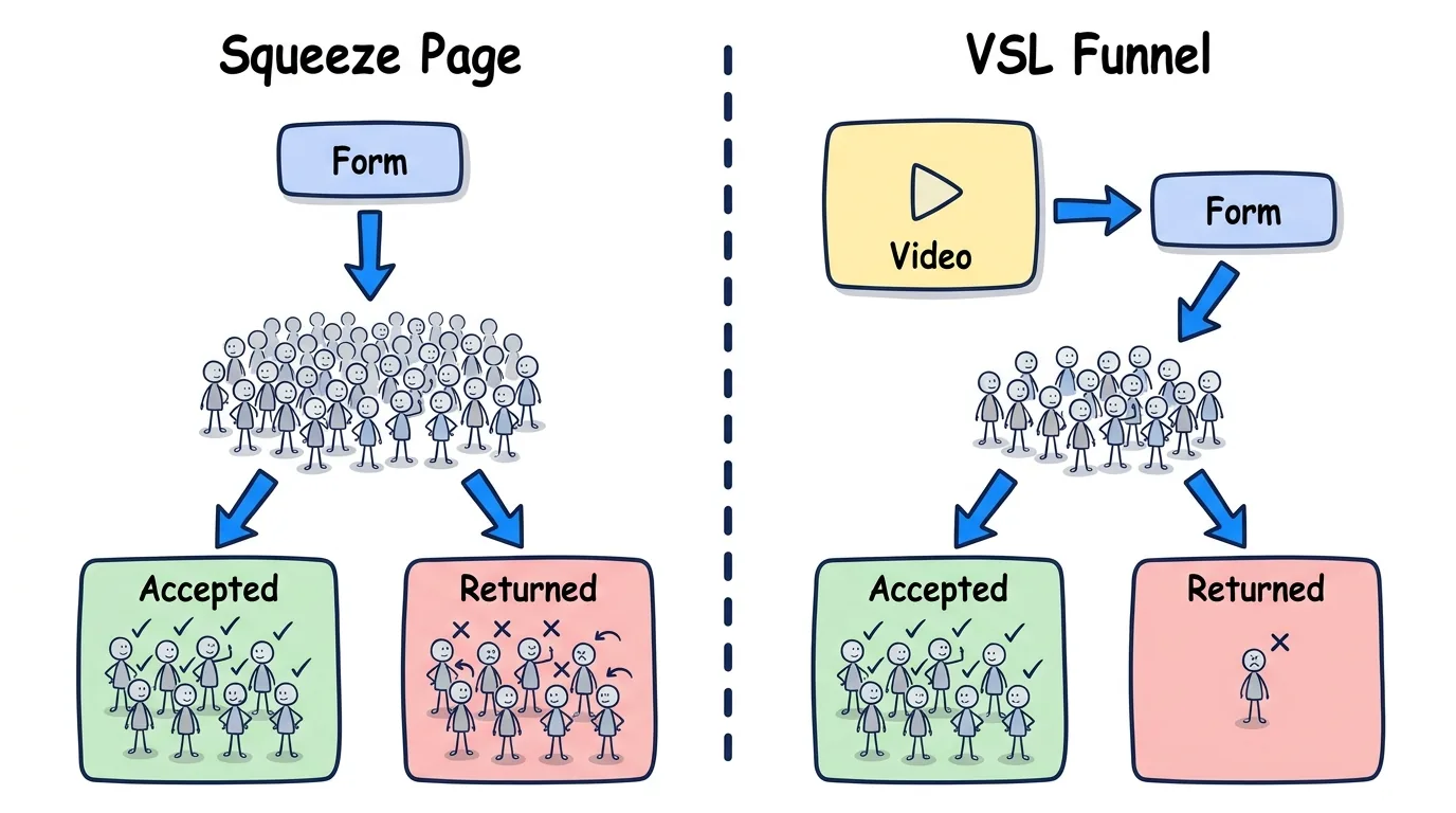 VSL funnel compared to a squeeze page, showing fewer but better leads reaching accepted status