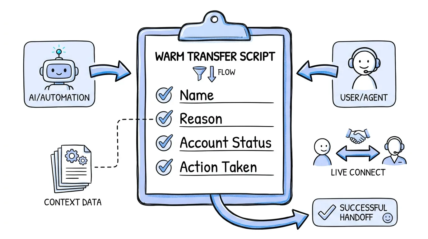 warm transfer call center script checklist showing name, reason, account status, and action taken