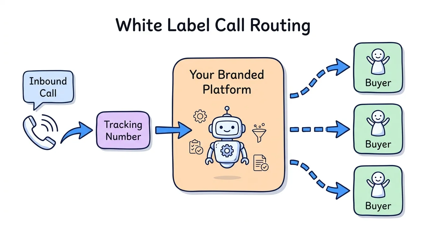 white label call tracking software routing an inbound call from a tracking number through the agency's branded platform to buyers